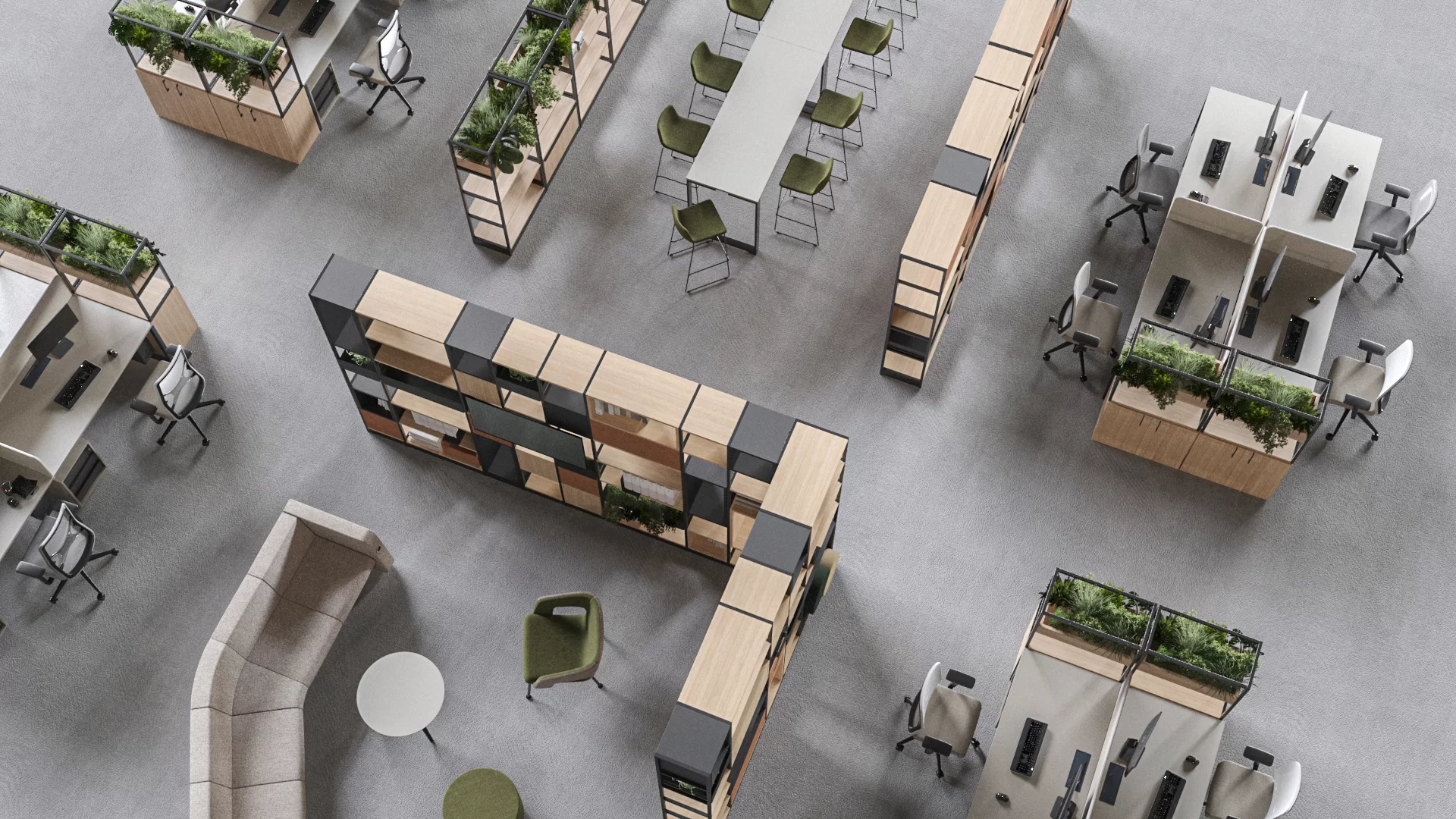 vue d'un open space avec rangements servant de cloisonnement, bureaux équipés et mobilier végétalisé, aménagement d'espaces professionnels styl o bureau