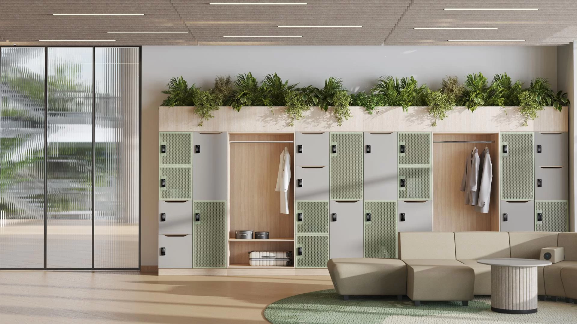 module d'attente avec casiers d'accueil et vestiaire