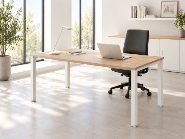 Bureau professionnel individuel avec plateau bois et piètement blanc