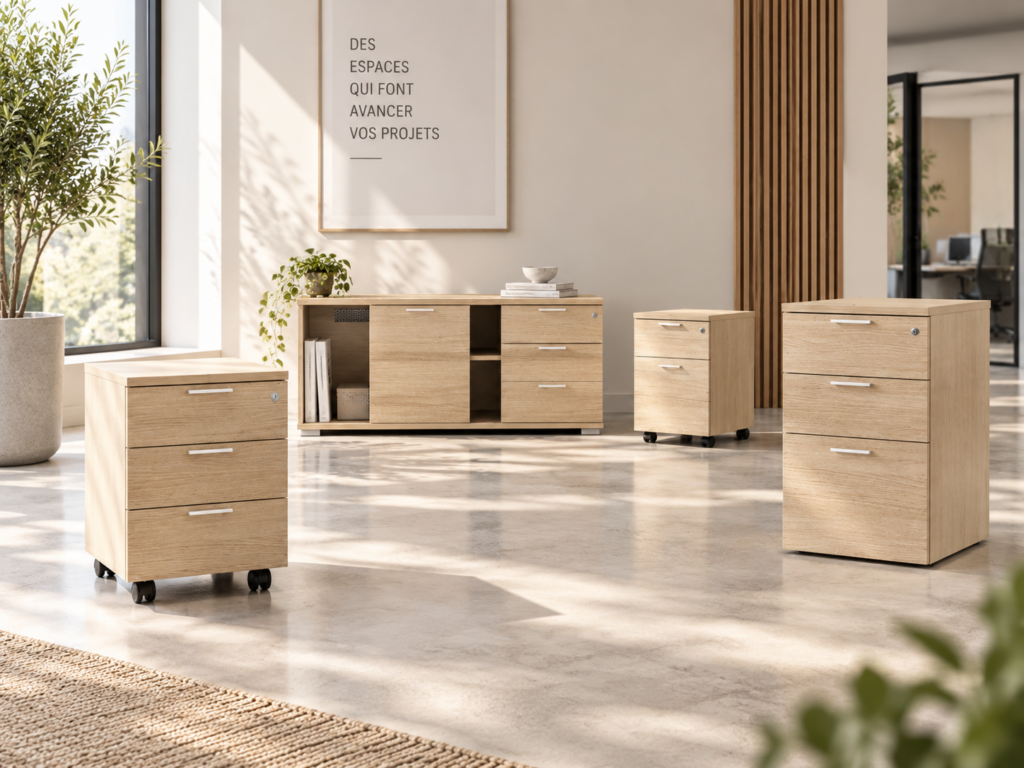 aissons mobiles de bureau en finition bois avec tiroirs