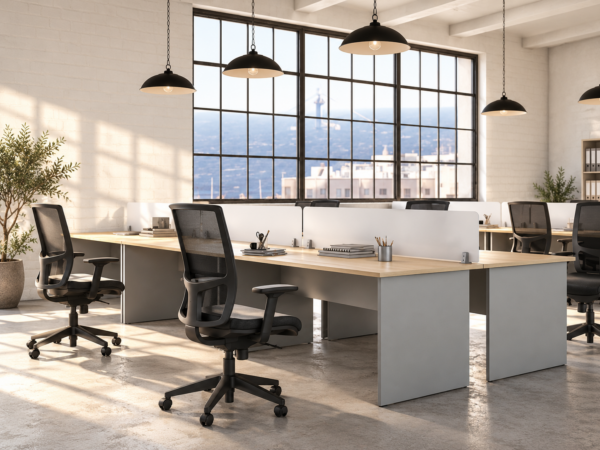 Bureaux bench multipostes avec plateaux bois clair, séparateurs blancs et fauteuils ergonomiques noirs dans un espace professionnel lumineux.