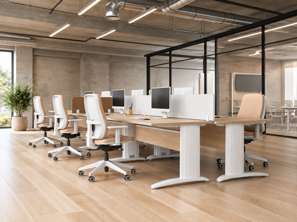 Bureaux multipostes bench avec plateaux bois, piètements blancs et fauteuils ergonomiques dans un espace de travail professionnel.