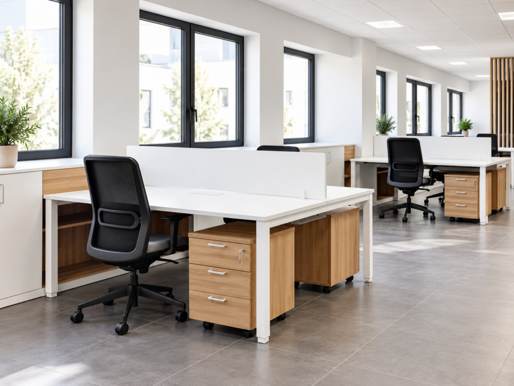 Bureaux professionnels multipostes blancs avec séparateurs, caissons mobiles finition bois et fauteuils de bureau noirs.