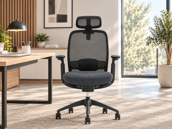 Fauteuil de bureau ergonomique noir avec têtière, dossier en résille, soutien lombaire, accoudoirs et assise rembourrée grise.