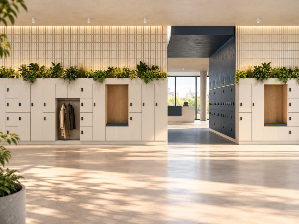 Aménagement de vestiaires professionnels avec casiers individuels blancs et bleu foncé, penderies et assises intégrées.