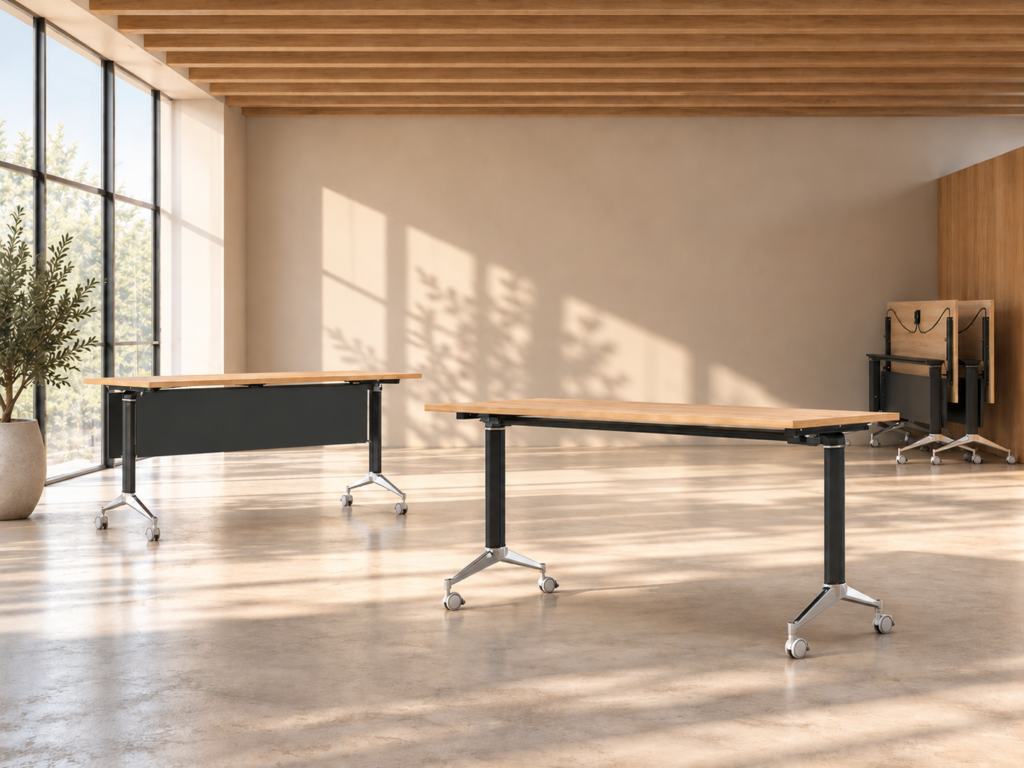 Tables de réunion polyvalentes sur roulettes avec plateaux bois clair, piètements noirs et voile de fond en option.
