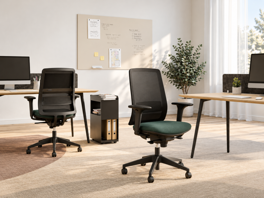 Fauteuils de bureau ergonomiques noirs avec dossier en résille, assise verte et accoudoirs réglables dans un espace de travail moderne.